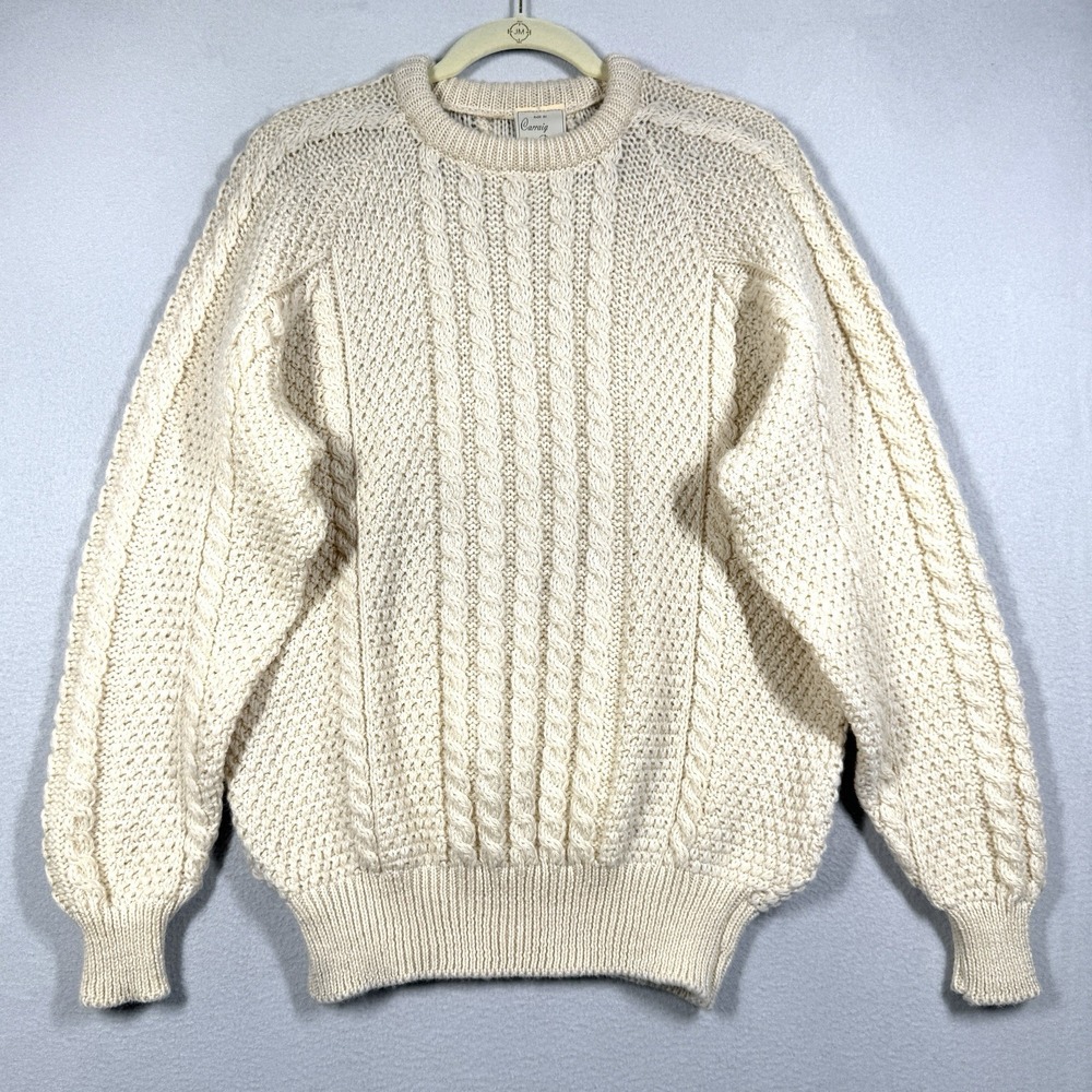 ⁠Vintage Carraig Donn Sweater Mens Medium Irish Wool Cable Knit Fisherman Cream